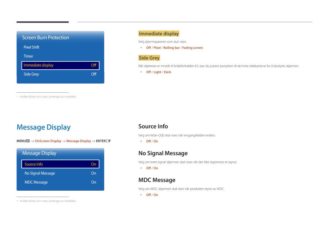 Samsung LH22DBDPLGC/EN manual Message Display, Source Info, No Signal Message, MDC Message 