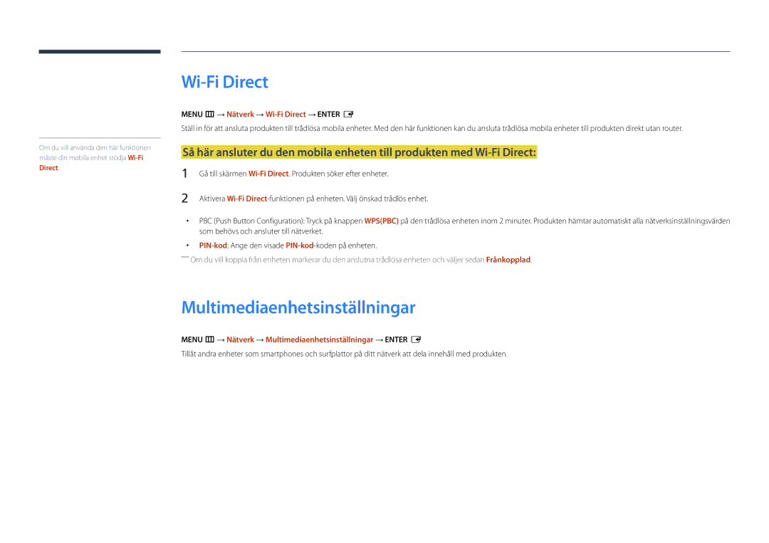 Samsung LH22DBDPLGC/EN manual Multimediaenhetsinställningar, Menu m → Nätverk → Wi-Fi Direct → Enter E 
