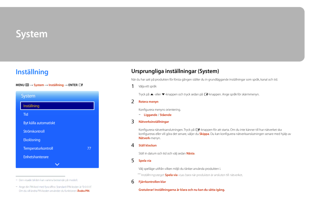 Samsung LH22DBDPLGC/EN manual Inställning, Ursprungliga inställningar System 