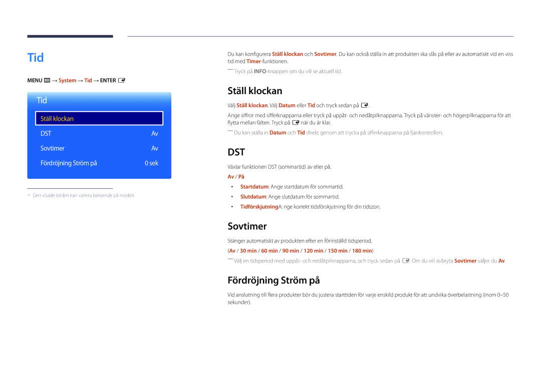 Samsung LH22DBDPLGC/EN manual Tid, Ställ klockan, Sovtimer, Fördröjning Ström på 