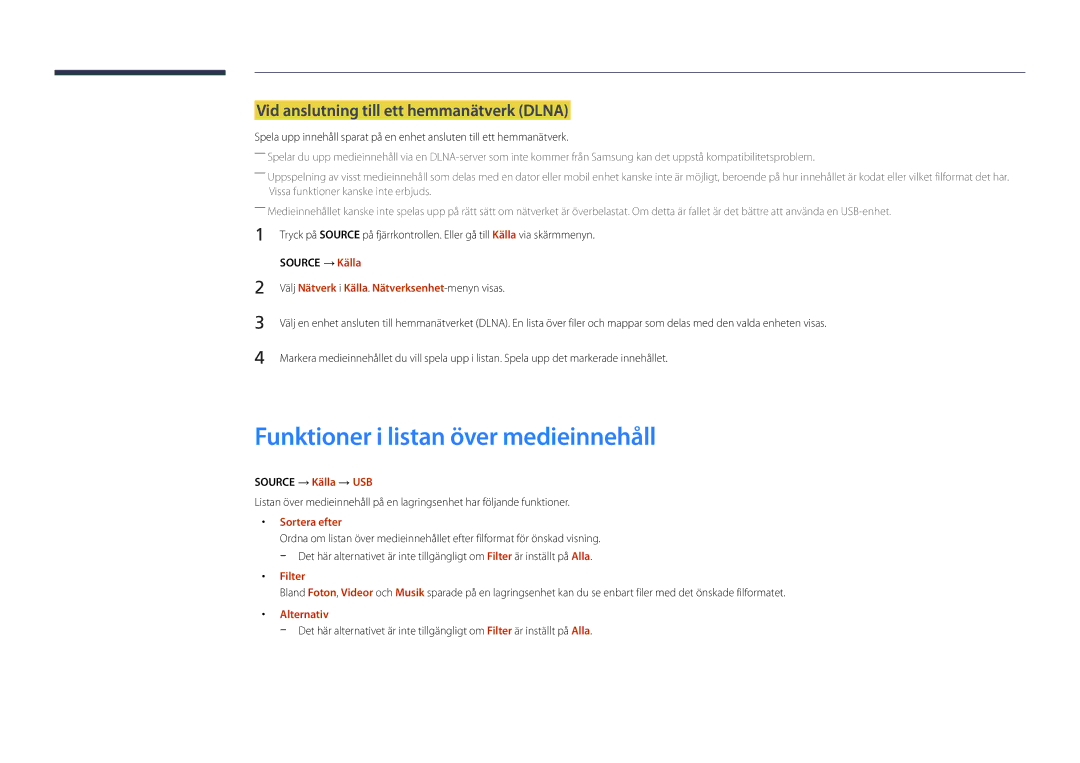 Samsung LH22DBDPLGC/EN manual Funktioner i listan över medieinnehåll, Vid anslutning till ett hemmanätverk Dlna, Filter 