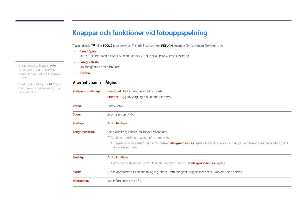 Samsung LH22DBDPLGC/EN manual Knappar och funktioner vid fotouppspelning 