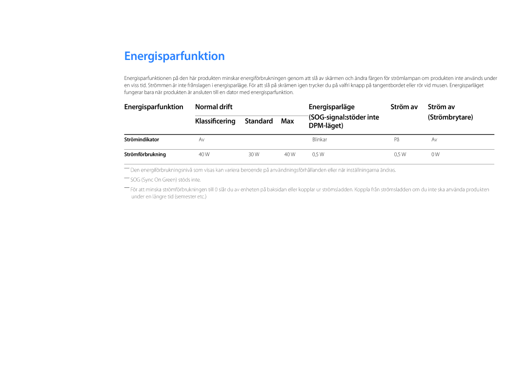 Samsung LH22DBDPLGC/EN manual Energisparfunktion Normal drift Energisparläge Ström av, Strömbrytare 