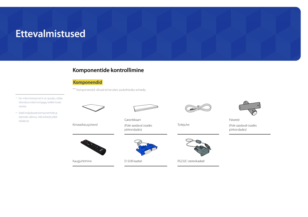 Samsung LH22DBDPLGC/EN manual Ettevalmistused, Komponentide kontrollimine, Komponendid 