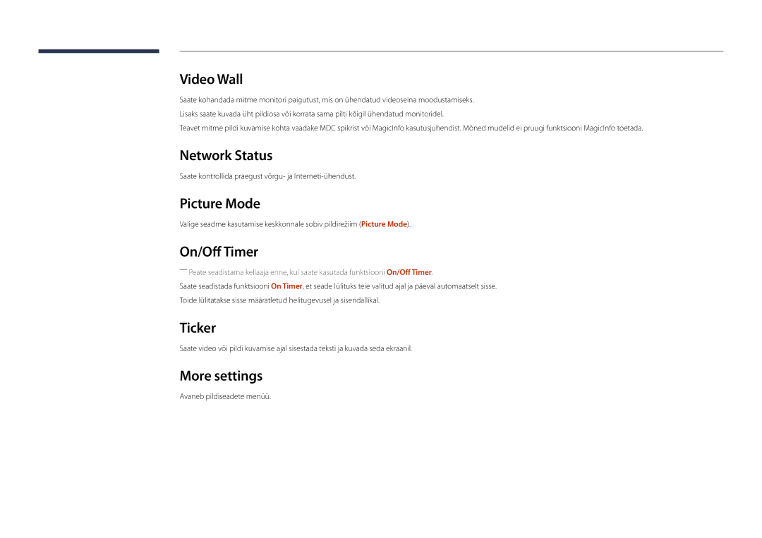 Samsung LH22DBDPLGC/EN manual Network Status, Picture Mode, On/Off Timer, Ticker, More settings 