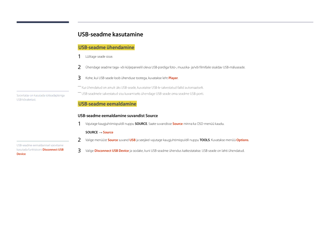 Samsung LH22DBDPLGC/EN manual USB-seadme kasutamine, USB-seadme ühendamine, USB-seadme eemaldamine, Lülitage seade sisse 
