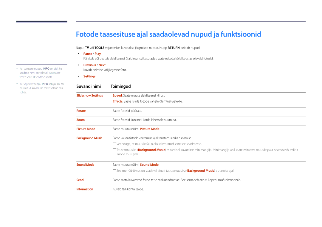 Samsung LH22DBDPLGC/EN manual Fotode taasesituse ajal saadaolevad nupud ja funktsioonid 