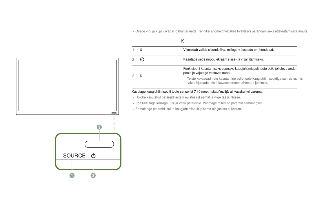 Samsung LH22DBDPLGC/EN manual Osad, Juhtpaneel, Nupud Kirjeldus, Kasutage seda nuppu ekraani sisse- ja väljalülitamiseks 