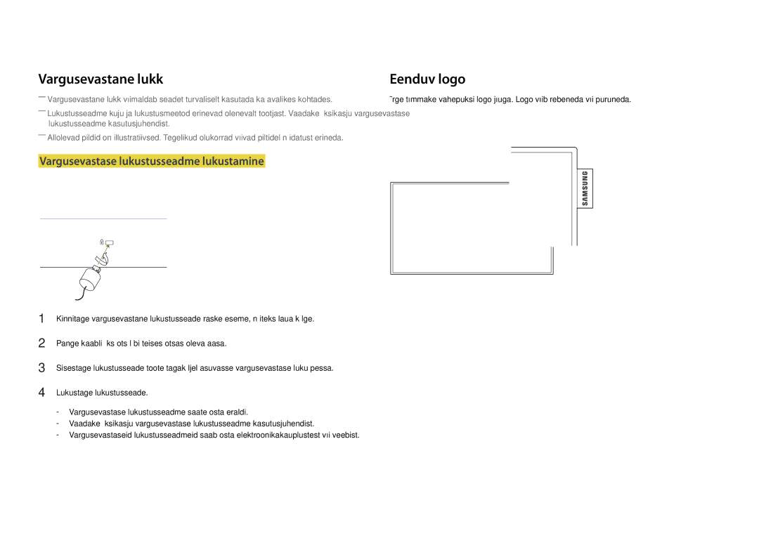 Samsung LH22DBDPLGC/EN manual Vargusevastane lukk, Vargusevastase lukustusseadme lukustamine 