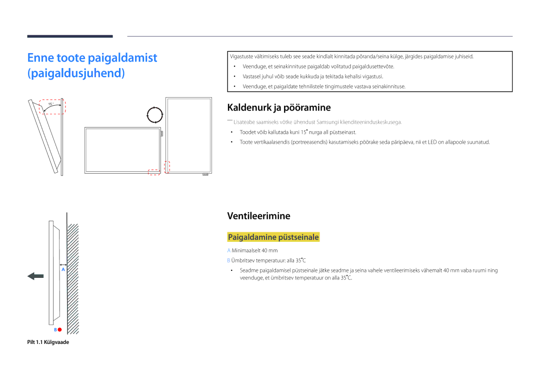 Samsung LH22DBDPLGC/EN manual Kaldenurk ja pööramine, Ventileerimine, Paigaldamine püstseinale, Pilt 1.1 Külgvaade 