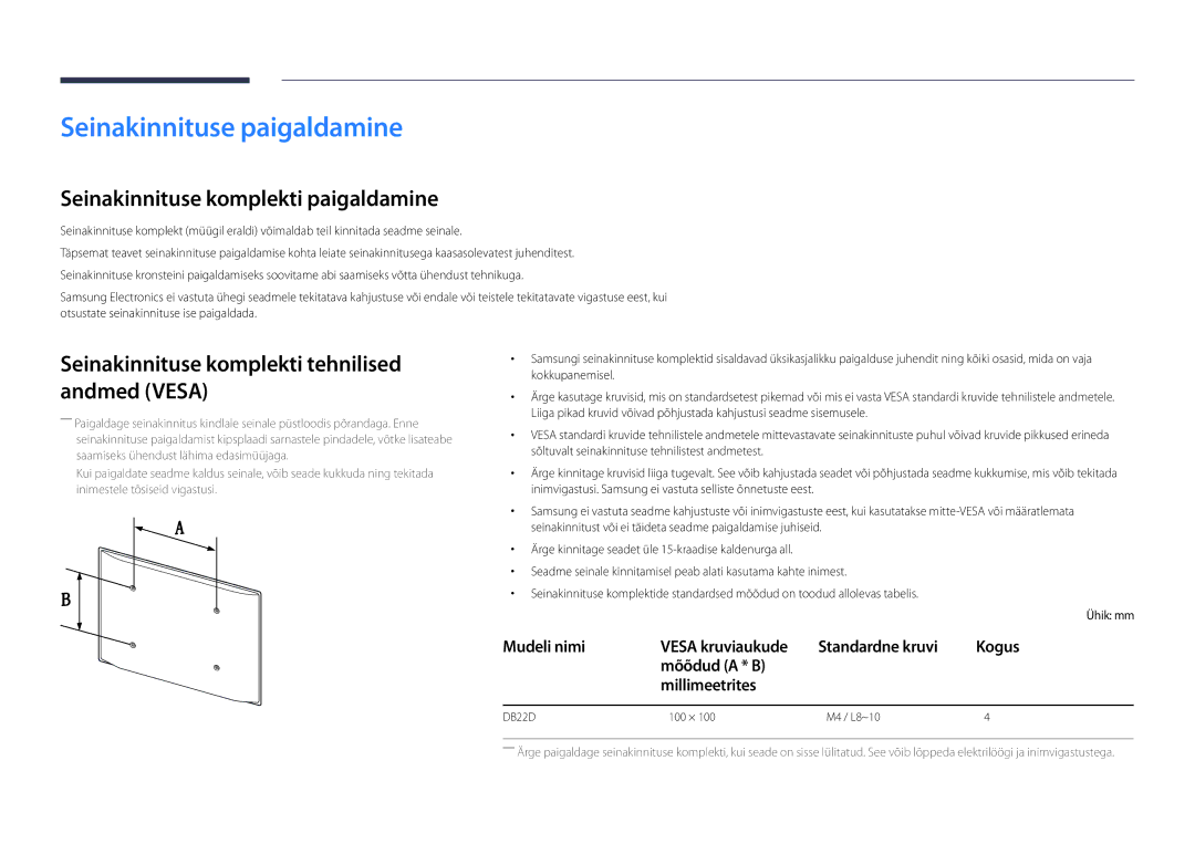 Samsung LH22DBDPLGC/EN Seinakinnituse paigaldamine, Seinakinnituse komplekti paigaldamine, Mõõdud a * B Millimeetrites 