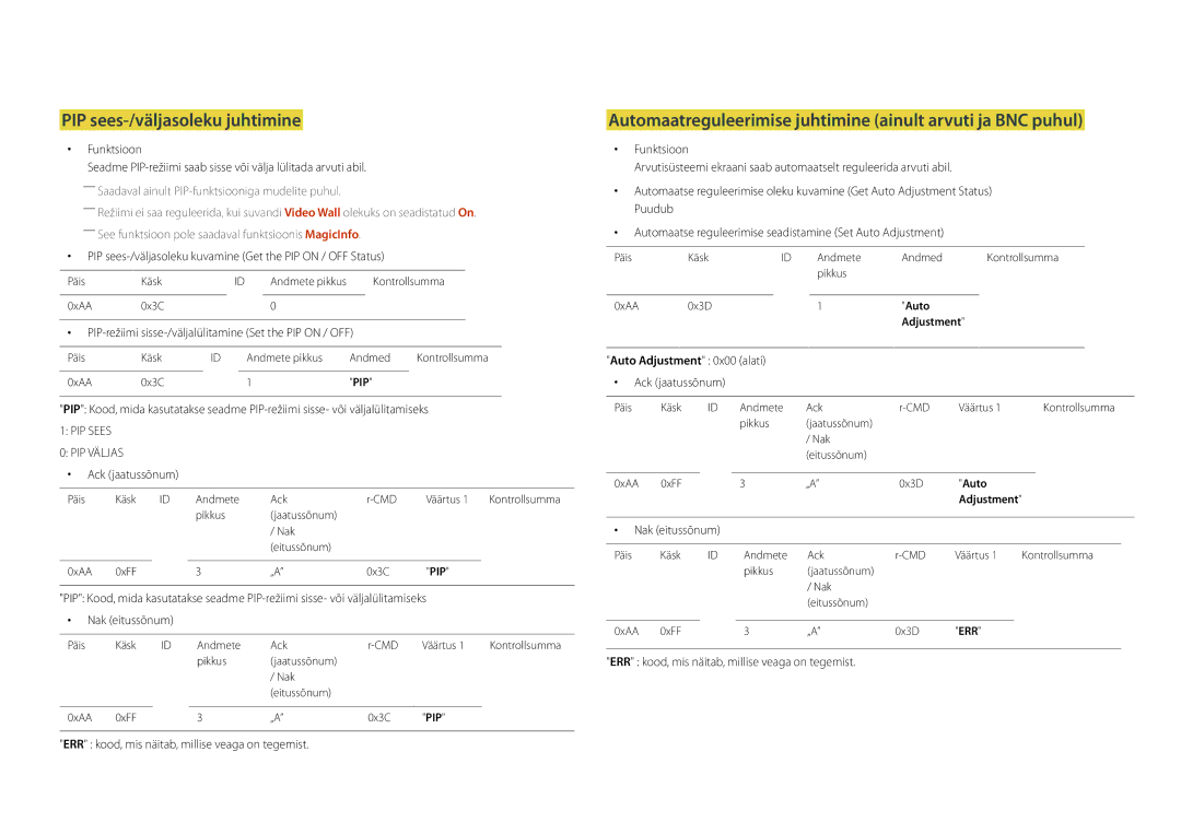 Samsung LH22DBDPLGC/EN manual PIP sees-/väljasoleku juhtimine, Automaatreguleerimise juhtimine ainult arvuti ja BNC puhul 