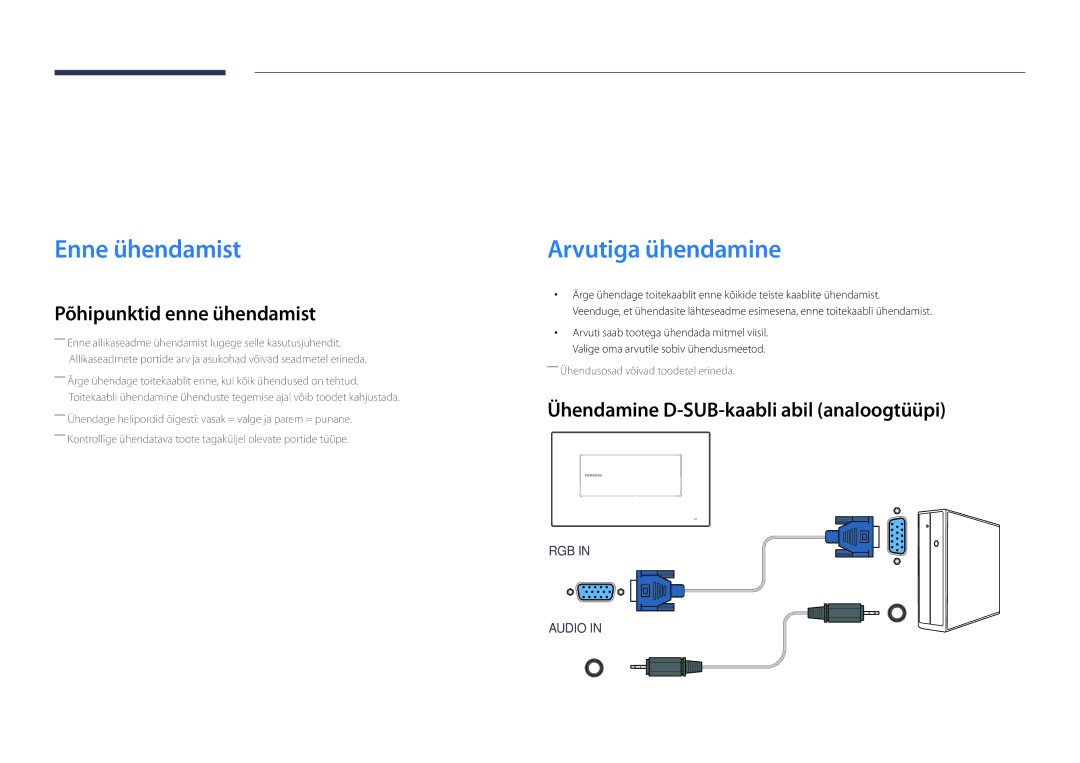 Samsung LH22DBDPLGC/EN manual Allikaseadme ühendamine ja kasutamine, Enne ühendamist, Arvutiga ühendamine 