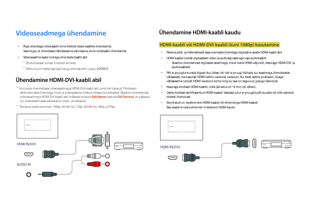 Samsung LH22DBDPLGC/EN manual Videoseadmega ühendamine, Ühendamine HDMI-kaabli kaudu 