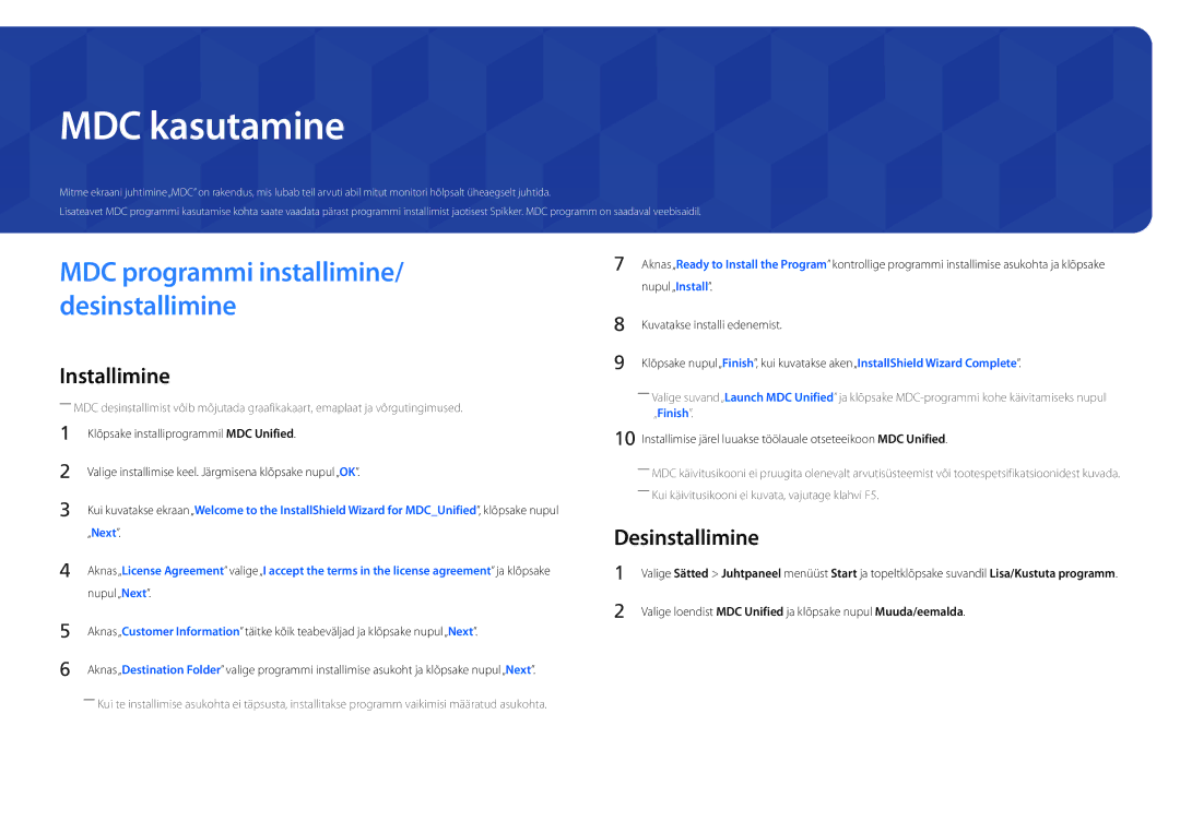 Samsung LH22DBDPLGC/EN manual MDC kasutamine, Desinstallimine 