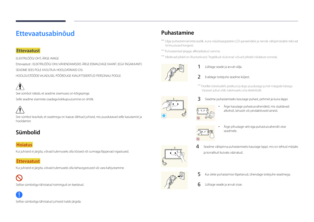 Samsung LH22DBDPLGC/EN manual Ettevaatusabinõud, Puhastamine, Sümbolid, Ettevaatust, Lülitage seade ja arvuti välja 