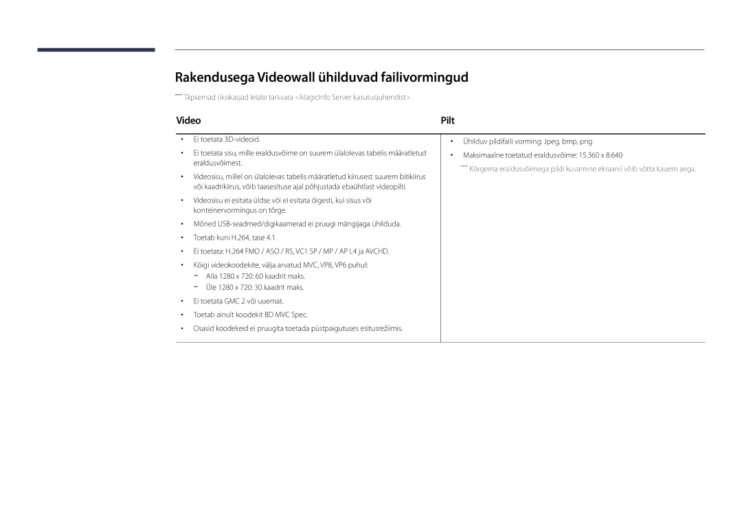 Samsung LH22DBDPLGC/EN manual Rakendusega Videowall ühilduvad failivormingud 