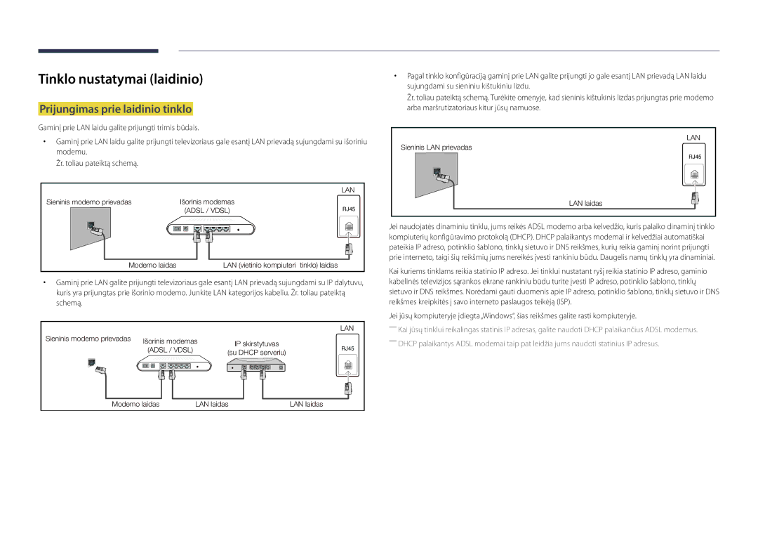 Samsung LH22DBDPLGC/EN manual Tinklo nustatymai laidinio, Prijungimas prie laidinio tinklo 