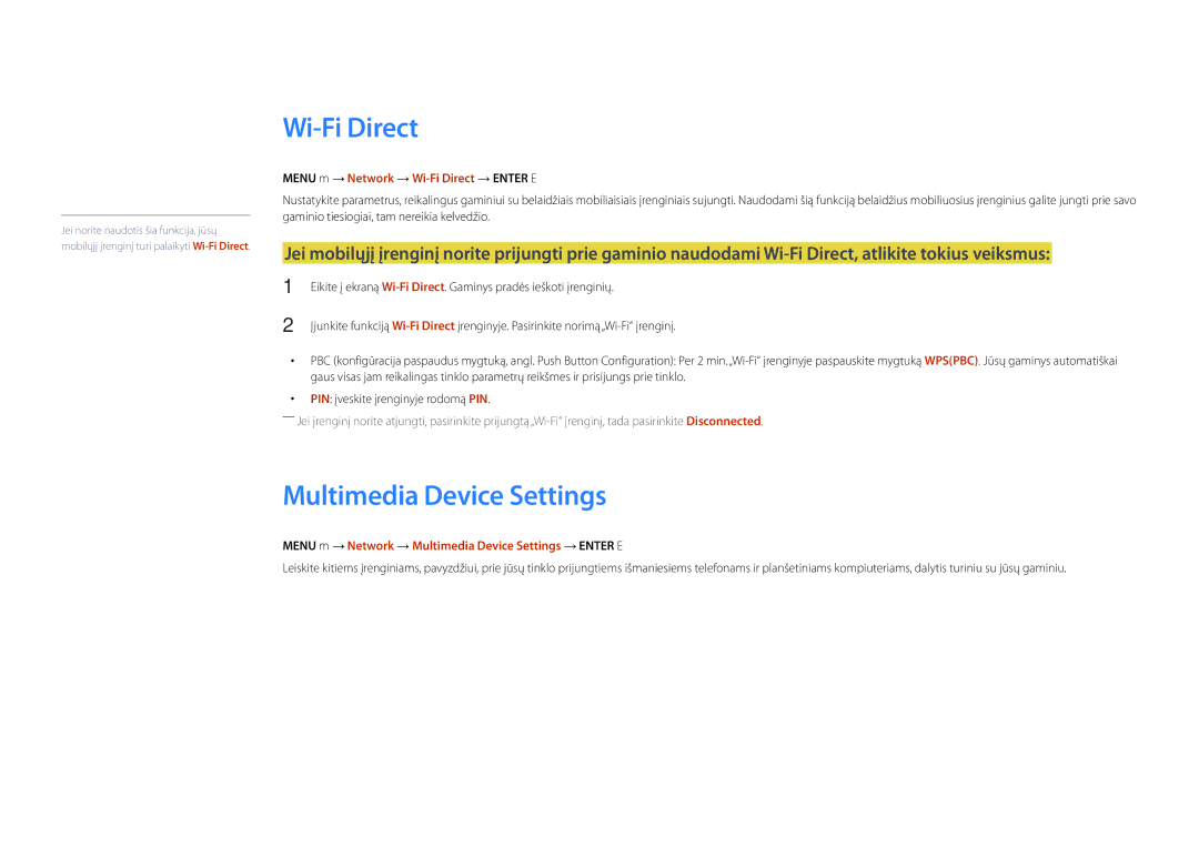 Samsung LH22DBDPLGC/EN manual Multimedia Device Settings, Menu m → Network → Wi-Fi Direct → Enter E 