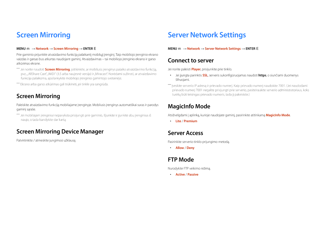 Samsung LH22DBDPLGC/EN manual Screen Mirroring, Server Network Settings 