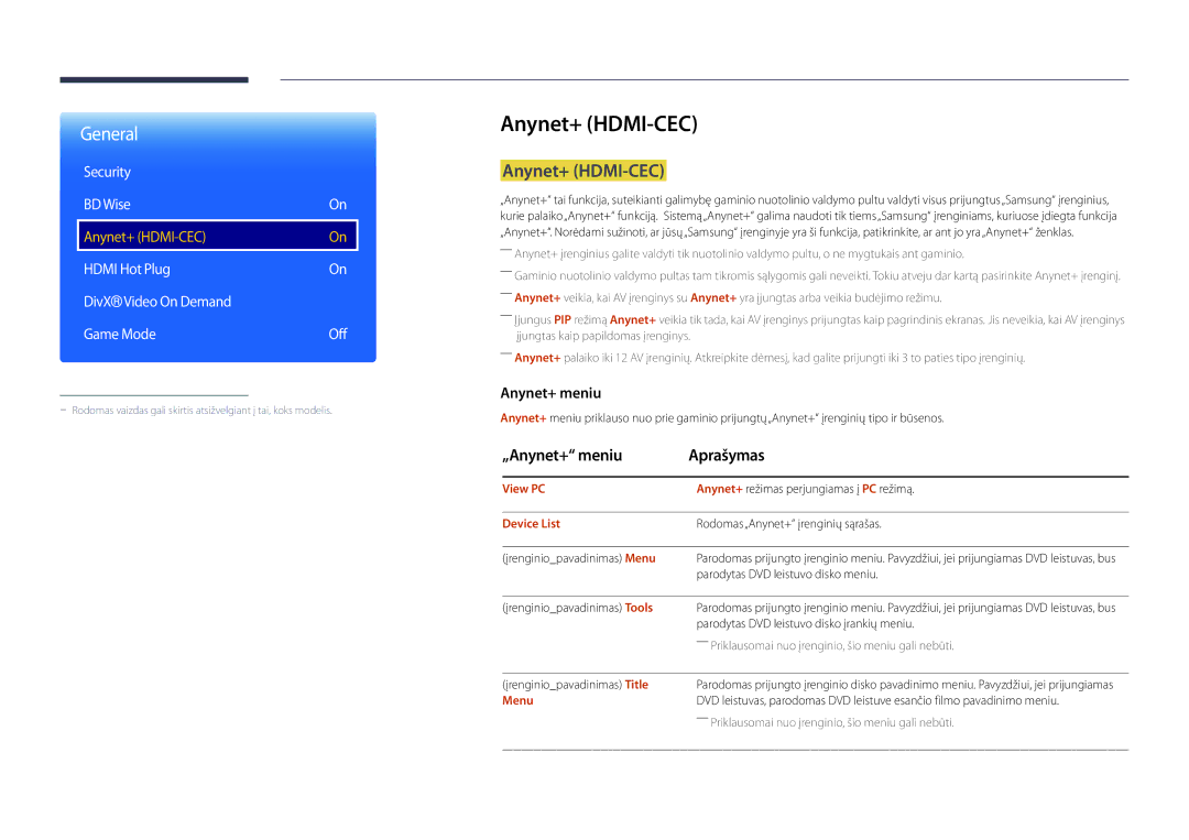 Samsung LH22DBDPLGC/EN manual Anynet+ HDMI-CEC, „Anynet+ meniu Aprašymas, Security BD Wise 