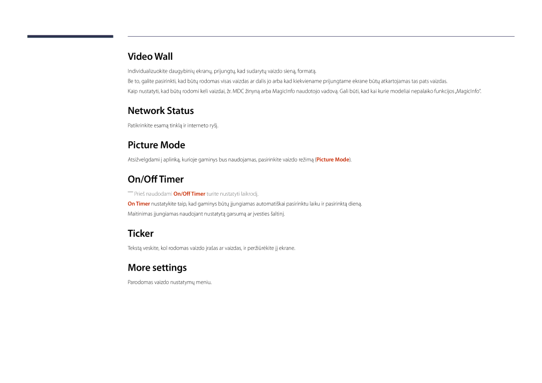 Samsung LH22DBDPLGC/EN manual Network Status, Picture Mode, On/Off Timer, Ticker, More settings 