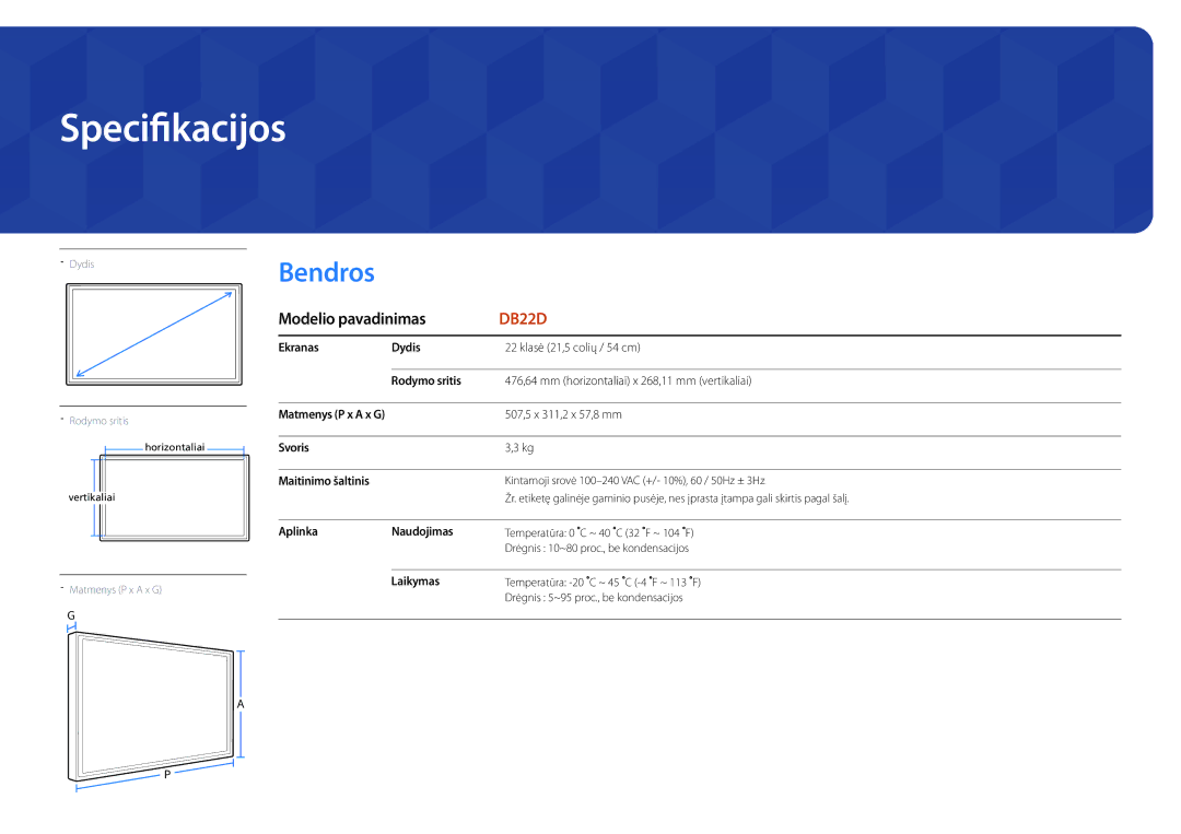 Samsung LH22DBDPLGC/EN manual Specifikacijos, Bendros, Modelio pavadinimas 