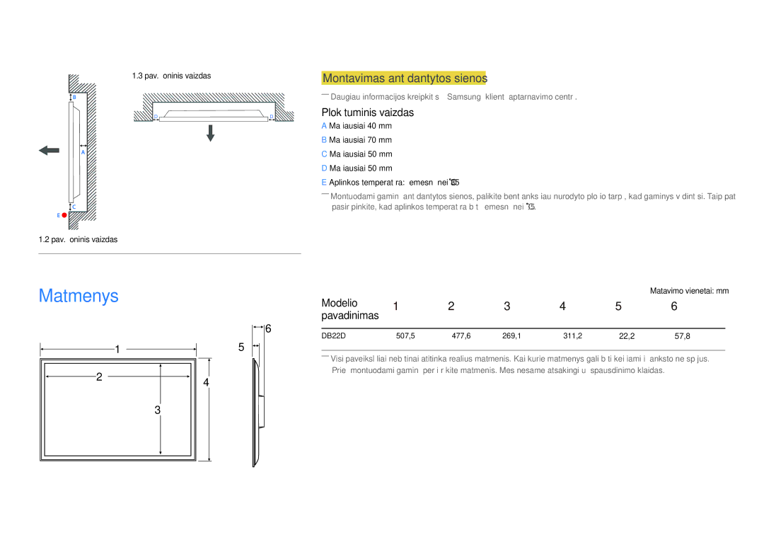 Samsung LH22DBDPLGC/EN manual Matmenys, Montavimas ant dantytos sienos, Plokštuminis vaizdas, Modelio, 22,2 57,8 