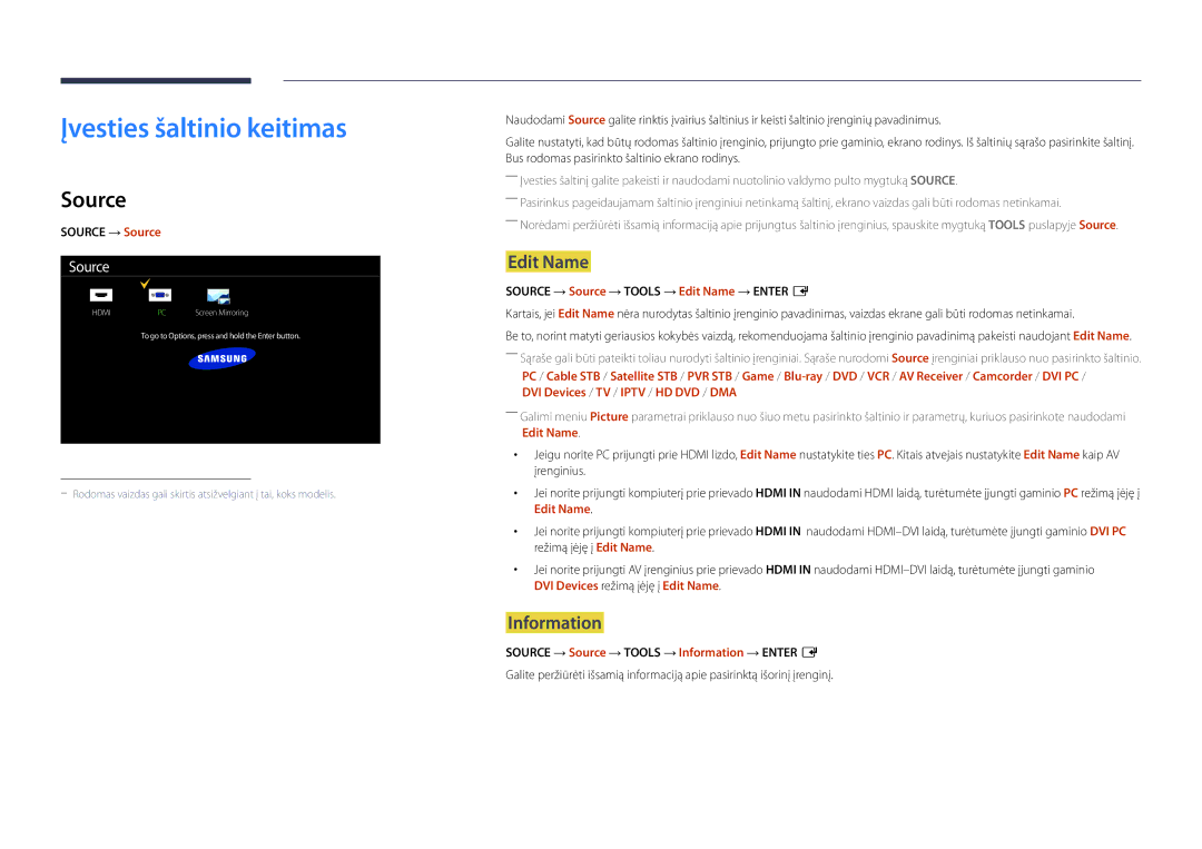 Samsung LH22DBDPLGC/EN manual Įvesties šaltinio keitimas, Source, Edit Name, Information 