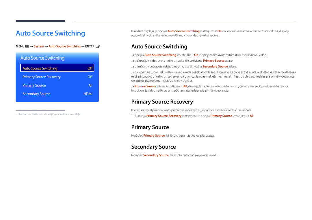 Samsung LH22DBDPLGC/EN manual Auto Source Switching, Primary Source Recovery, Secondary Source 