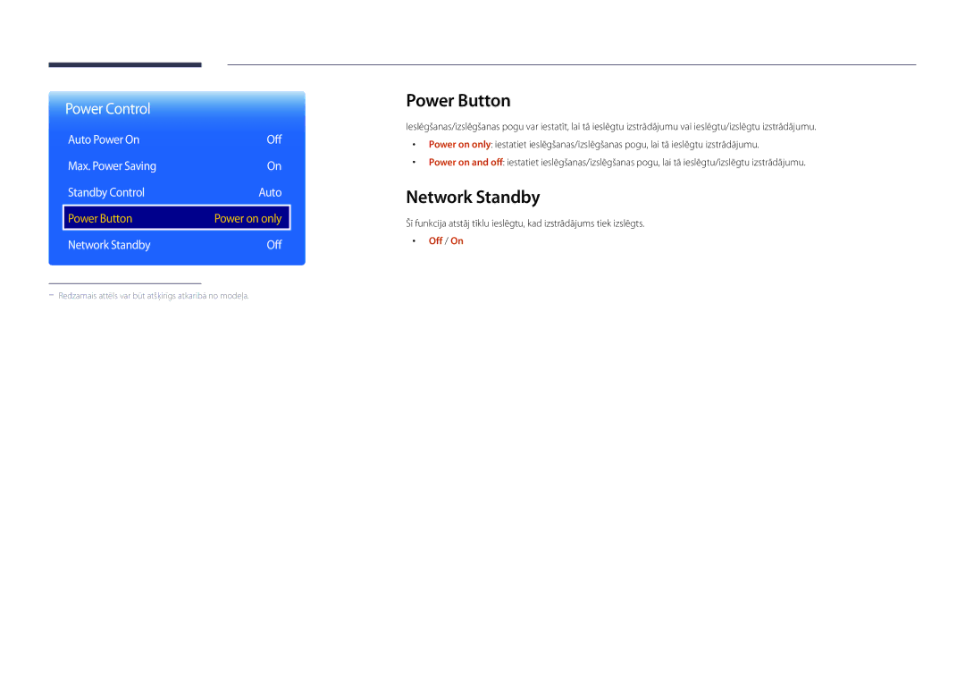 Samsung LH22DBDPLGC/EN manual Power Button, Network Standby, Auto Power On Off Max. Power Saving Standby Control 