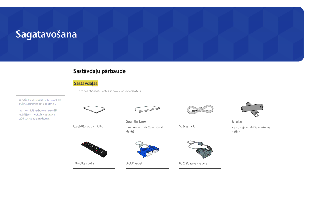 Samsung LH22DBDPLGC/EN manual Sagatavošana, Sastāvdaļu pārbaude, Sastāvdaļas 