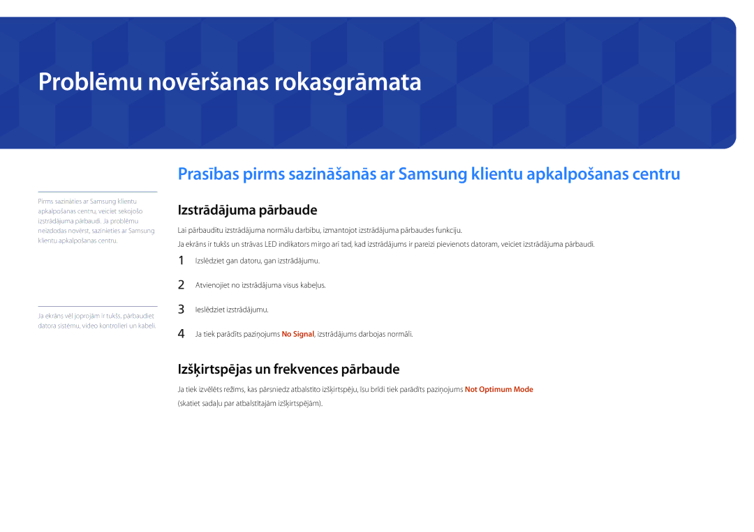 Samsung LH22DBDPLGC/EN manual Problēmu novēršanas rokasgrāmata, Izstrādājuma pārbaude, Izšķirtspējas un frekvences pārbaude 