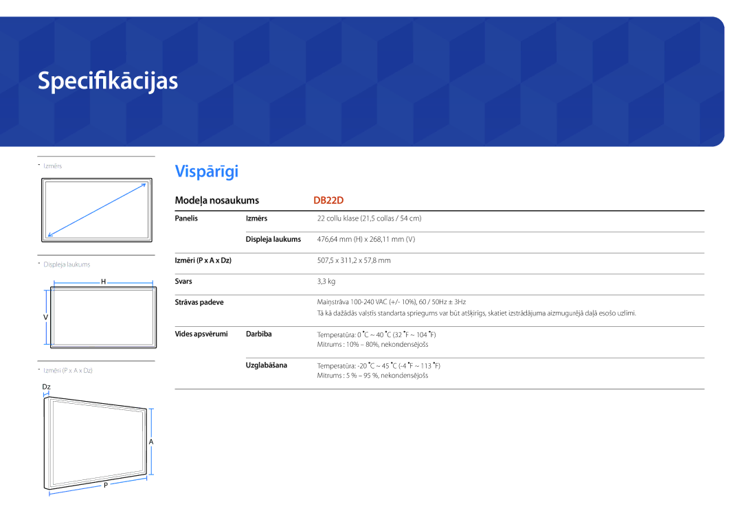 Samsung LH22DBDPLGC/EN manual Specifikācijas, Vispārīgi, Modeļa nosaukums 