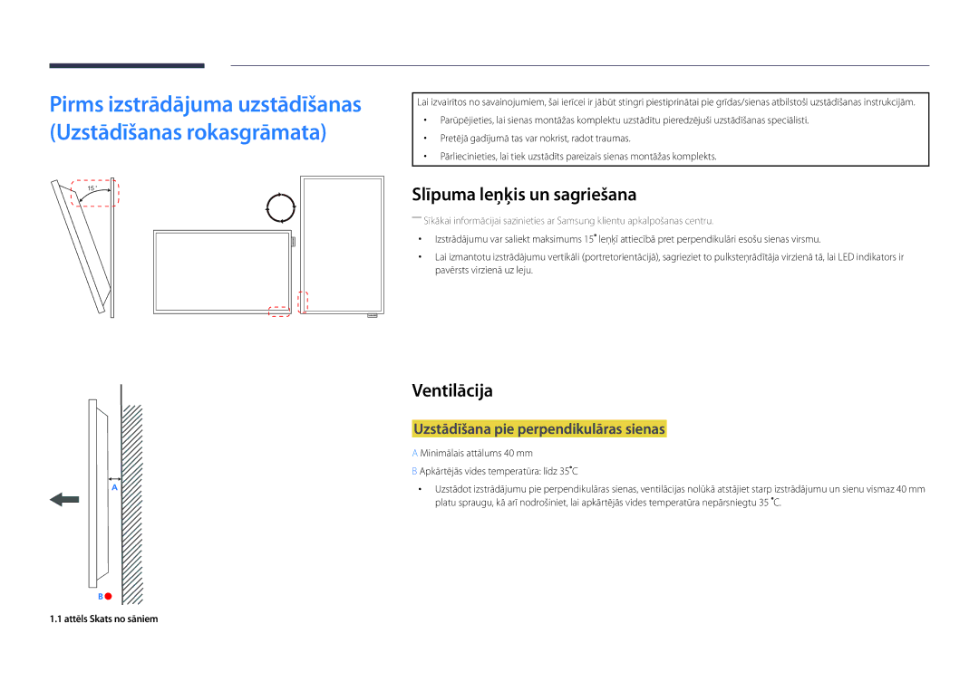 Samsung LH22DBDPLGC/EN manual Slīpuma leņķis un sagriešana, Ventilācija, Uzstādīšana pie perpendikulāras sienas 