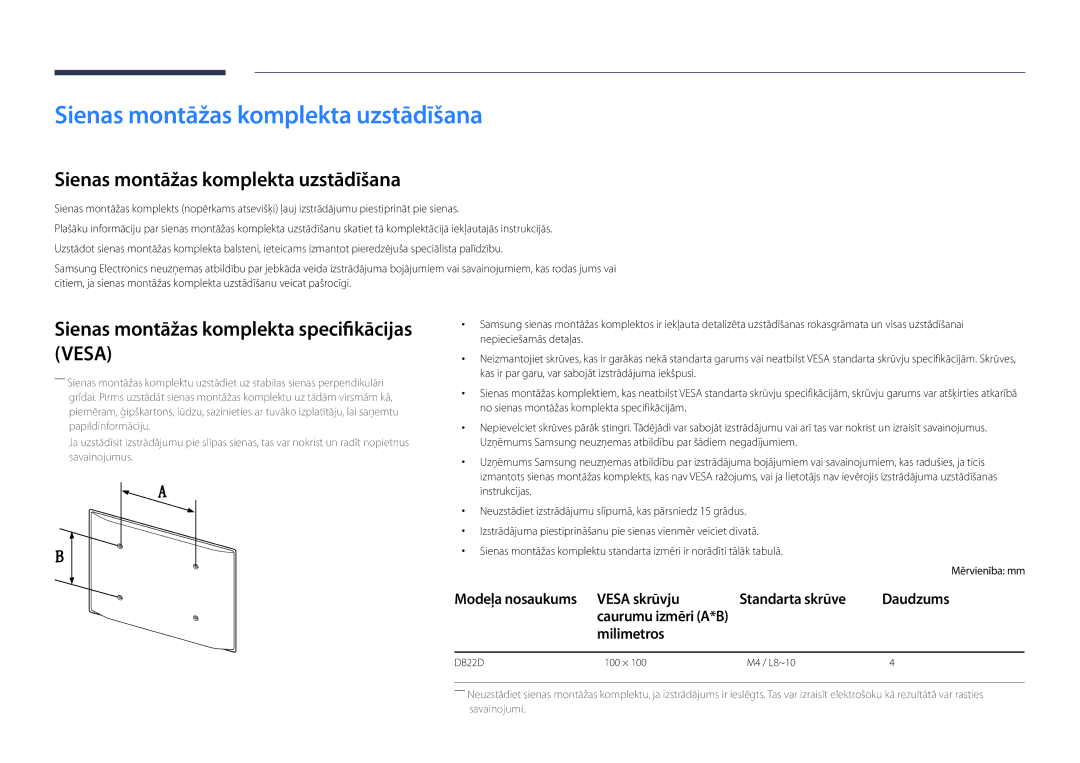 Samsung LH22DBDPLGC/EN Sienas montāžas komplekta uzstādīšana, Sienas montāžas komplekta specifikācijas Vesa, Milimetros 