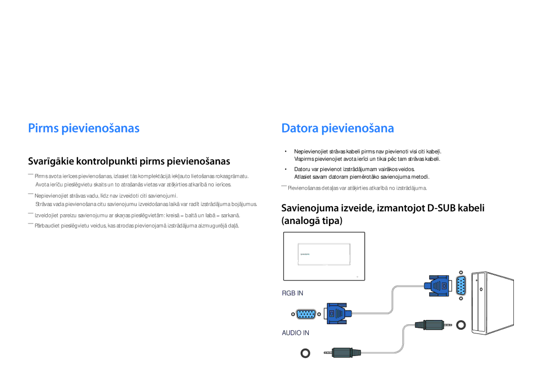 Samsung LH22DBDPLGC/EN manual Avota ierīces pievienošana un izmantošana, Pirms pievienošanas, Datora pievienošana 