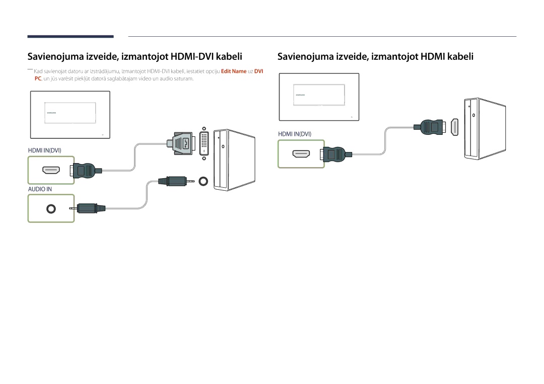 Samsung LH22DBDPLGC/EN manual Savienojuma izveide, izmantojot HDMI-DVI kabeli, Savienojuma izveide, izmantojot Hdmi kabeli 