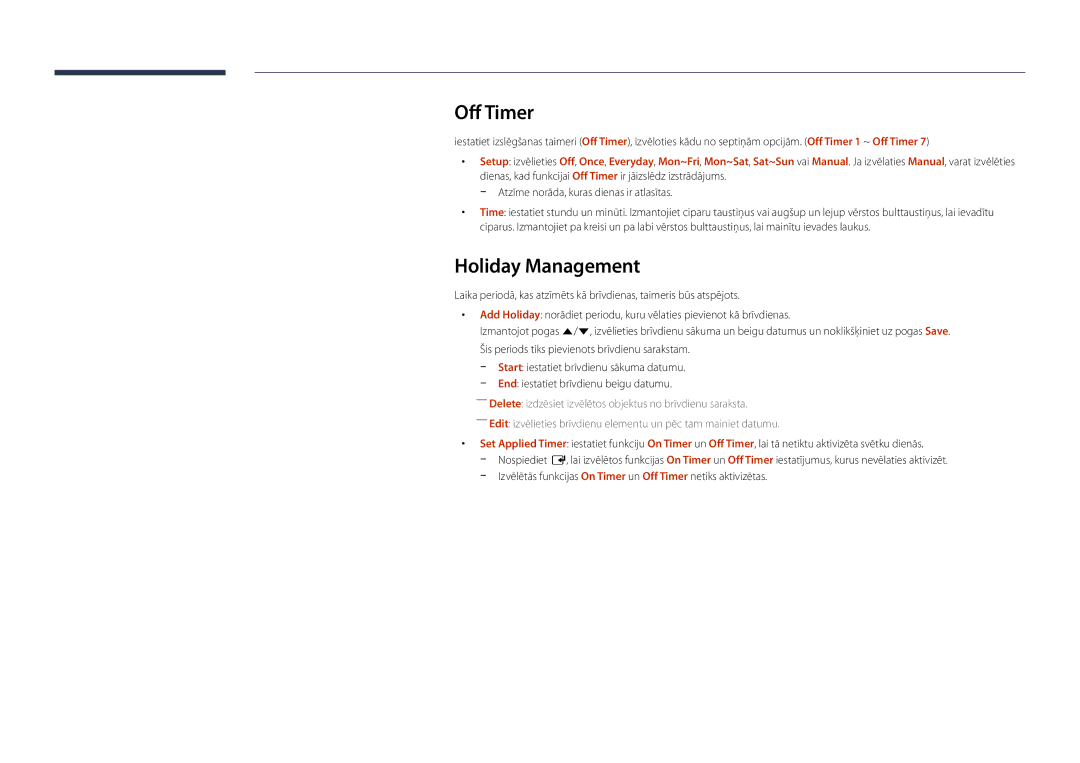 Samsung LH22DBDPLGC/EN manual Off Timer, Holiday Management 