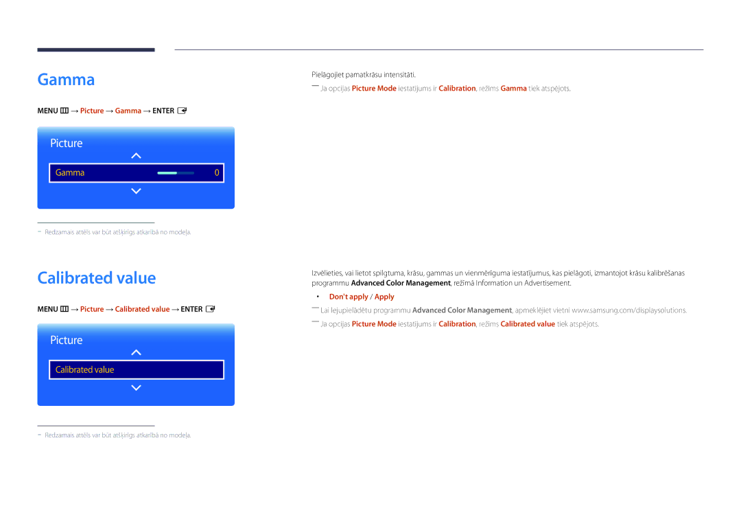 Samsung LH22DBDPLGC/EN manual Calibrated value, Menu m → Picture → Gamma → Enter E, Dont apply / Apply 