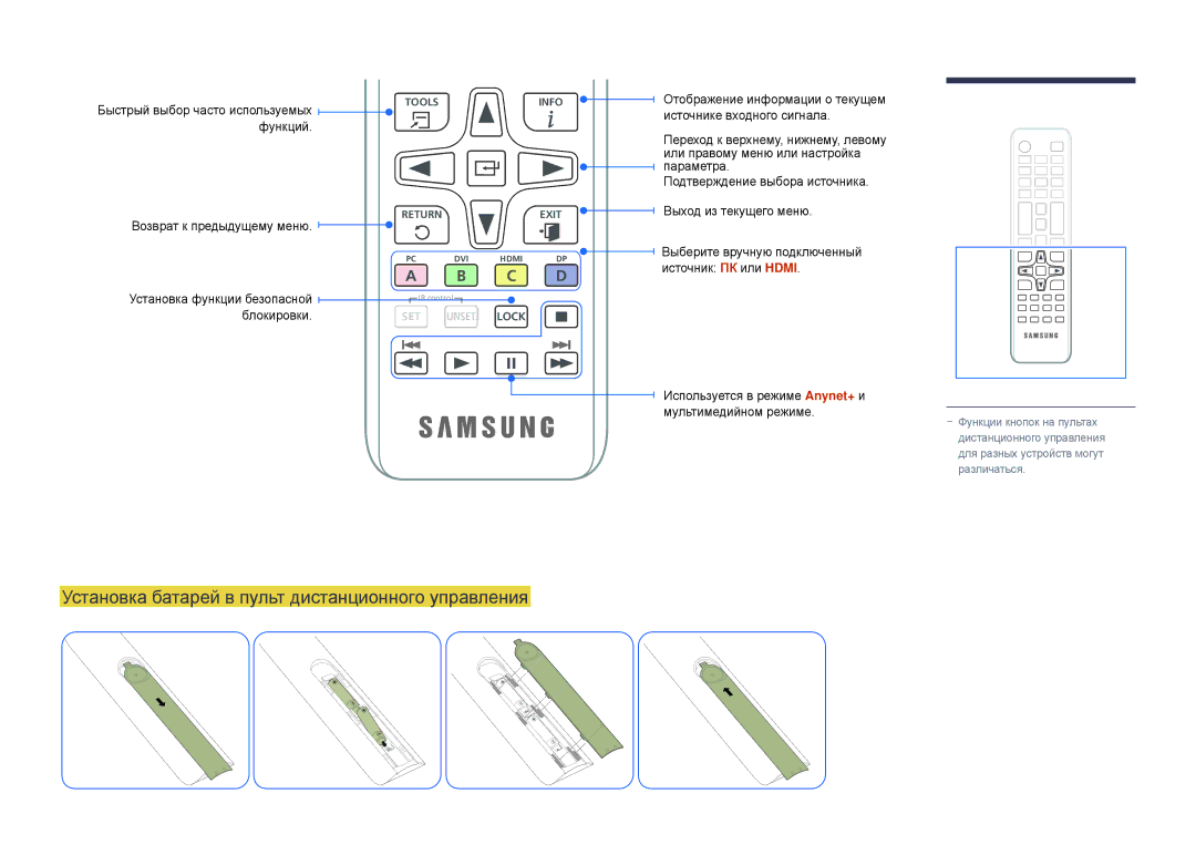 Samsung LH22DBDPLGC/EN manual Установка батарей в пульт дистанционного управления, Функций 