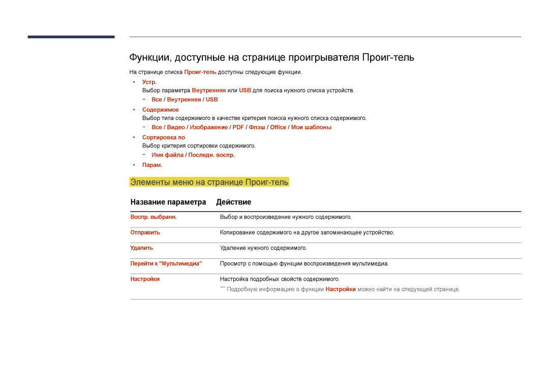 Samsung LH22DBDPLGC/EN manual Функции, доступные на странице проигрывателя Проиг-тель, Элементы меню на странице Проиг-тель 