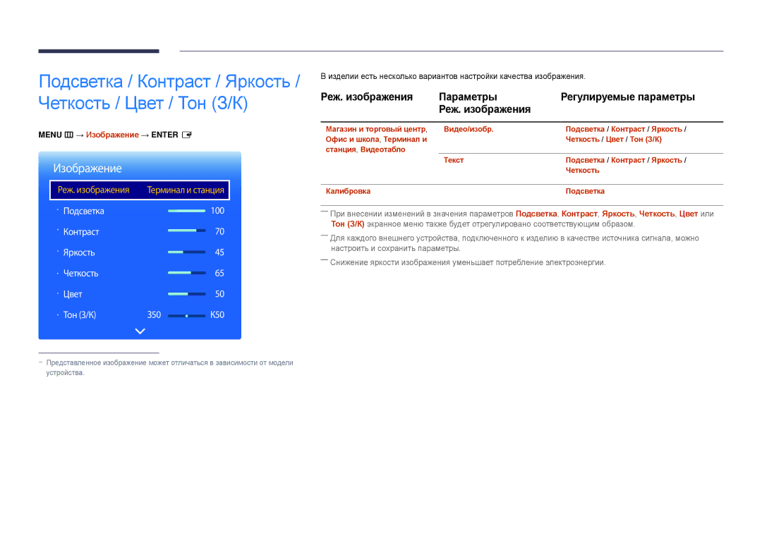 Samsung LH22DBDPLGC/EN manual Реж. изображения Параметры Регулируемые параметры, Menu m → Изображение → Enter E 