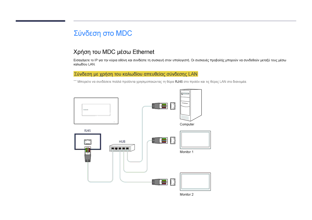 Samsung LH22DBDPLGC/EN Σύνδεση στο MDC, Χρήση του MDC μέσω Ethernet, Σύνδεση με χρήση του καλωδίου απευθείας σύνδεσης LAN 