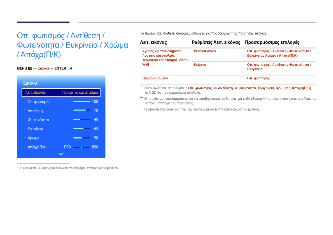 Samsung LH22DBDPLGC/EN manual Λειτ. εικόνας Ρυθμίσεις Λειτ. εικόνας Προσαρμόσιμες επιλογές, Menu m → Εικόνα → Enter E 