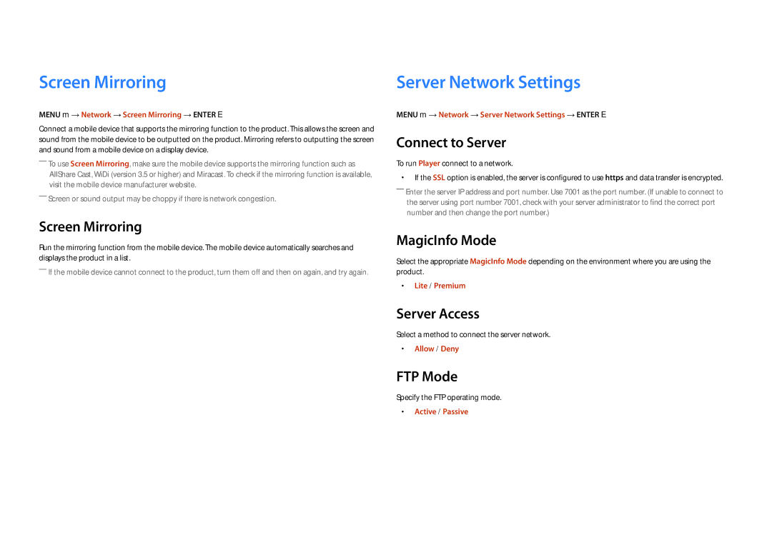 Samsung LH22DBDPSGC/UE, LH22DBDPSGC/EN, LH22DBDPSGC/NG, LH22DBDPSGC/XY manual Screen Mirroring, Server Network Settings 