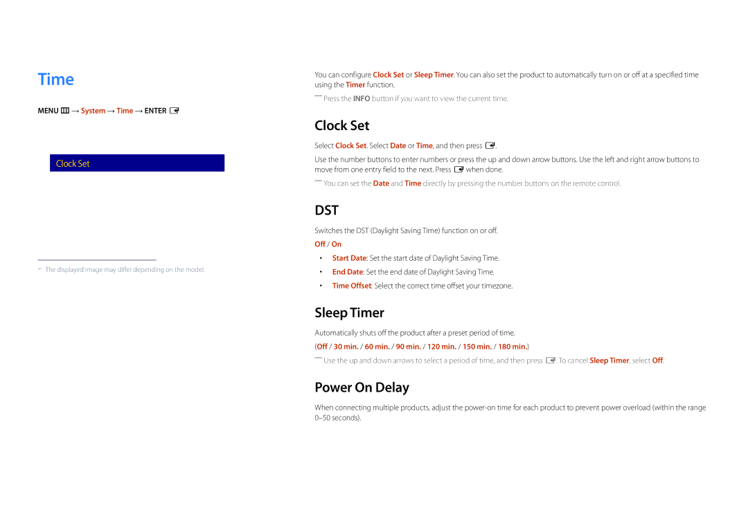 Samsung LH22DBDPSGC/NG, LH22DBDPSGC/EN, LH22DBDPSGC/UE, LH22DBDPSGC/XY manual Clock Set, Sleep Timer, Power On Delay 