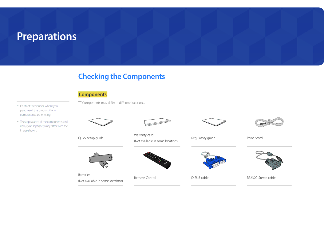 Samsung LH22DBDPSGC/UE, LH22DBDPSGC/EN, LH22DBDPSGC/NG, LH22DBDPSGC/XY, LH22DBDPSGC/CH Preparations, Checking the Components 