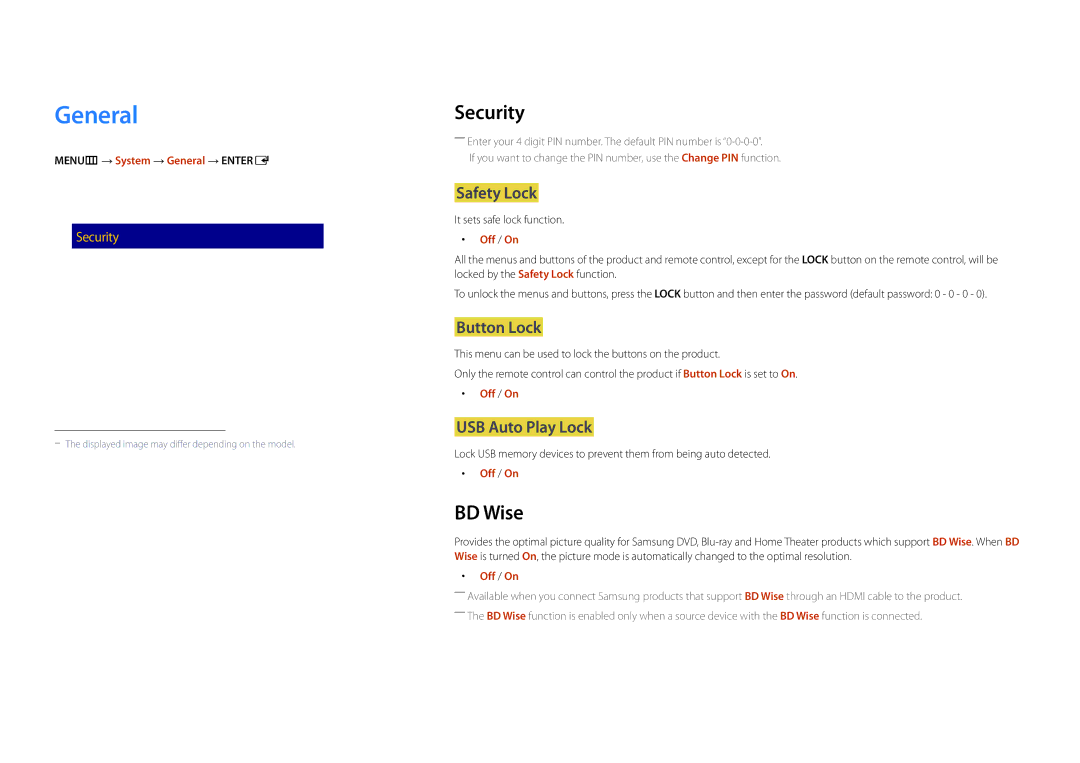 Samsung LH22DBDPSGC/NG, LH22DBDPSGC/EN, LH22DBDPSGC/UE, LH22DBDPSGC/XY, LH22DBDPSGC/CH manual General, Security, BD Wise 