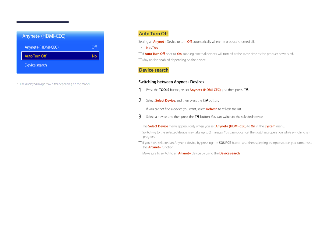 Samsung LH22DBDPSGC/XY, LH22DBDPSGC/EN, LH22DBDPSGC/NG manual Anynet+ HDMI-CEC, Auto Turn Off, Device search, No / Yes 